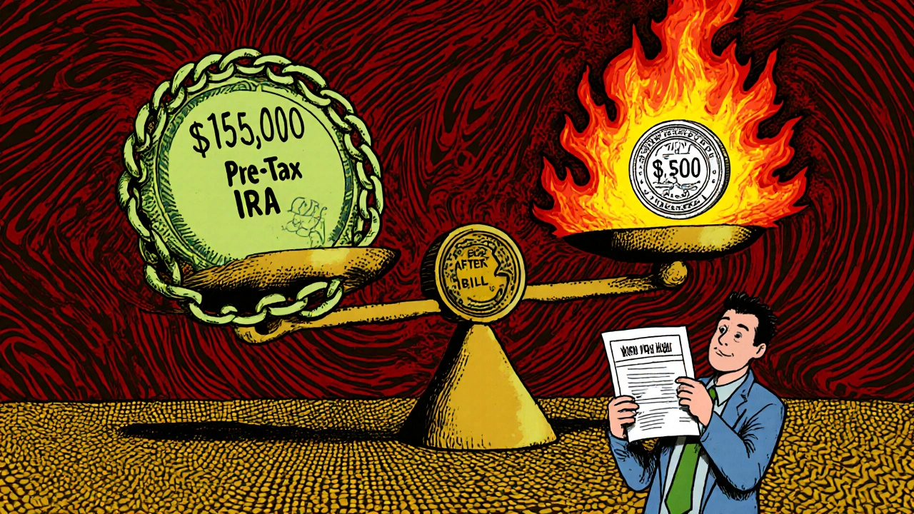 A scale tips under the weight of a large pre-tax IRA, causing a small after-tax contribution to ignite into a tax bill.