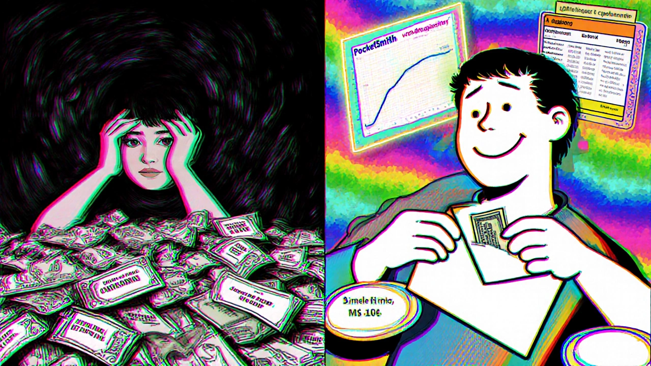 A split scene showing financial chaos on one side and calm budget control on the other with vibrant geometric patterns.