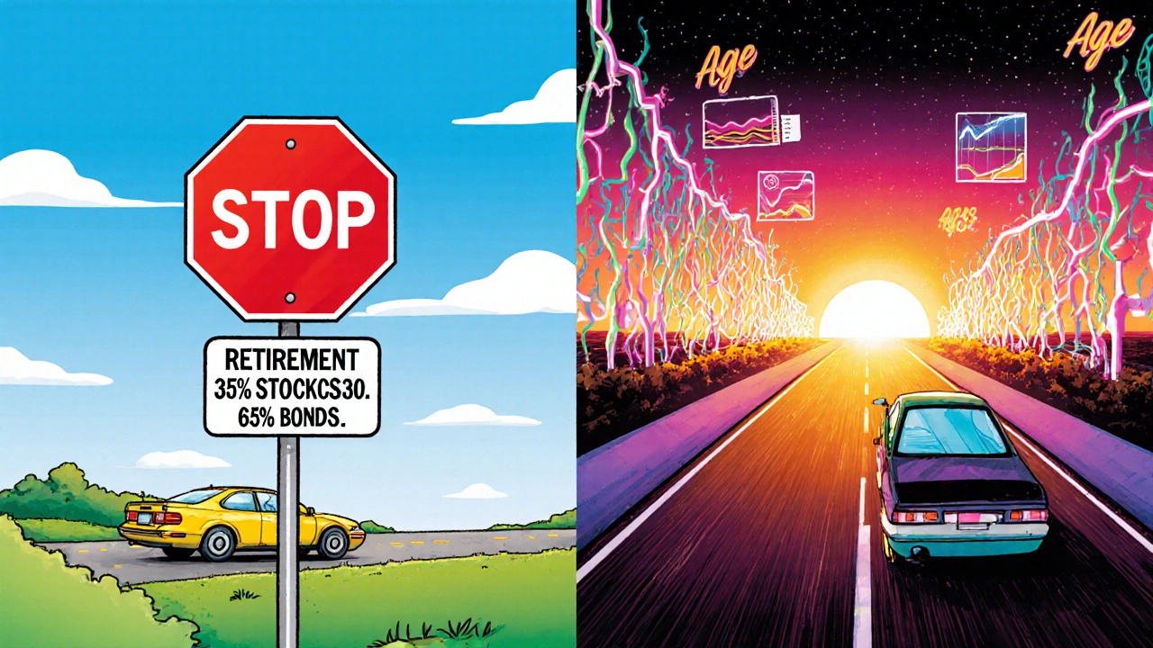 A split-screen cartoon comparing a &#039;To&#039; glide path stopping at retirement versus a &#039;Through&#039; path continuing with growth into old age.