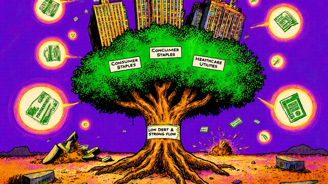 A sturdy tree of defensive sectors growing while speculative stocks crumble in vibrant colors.