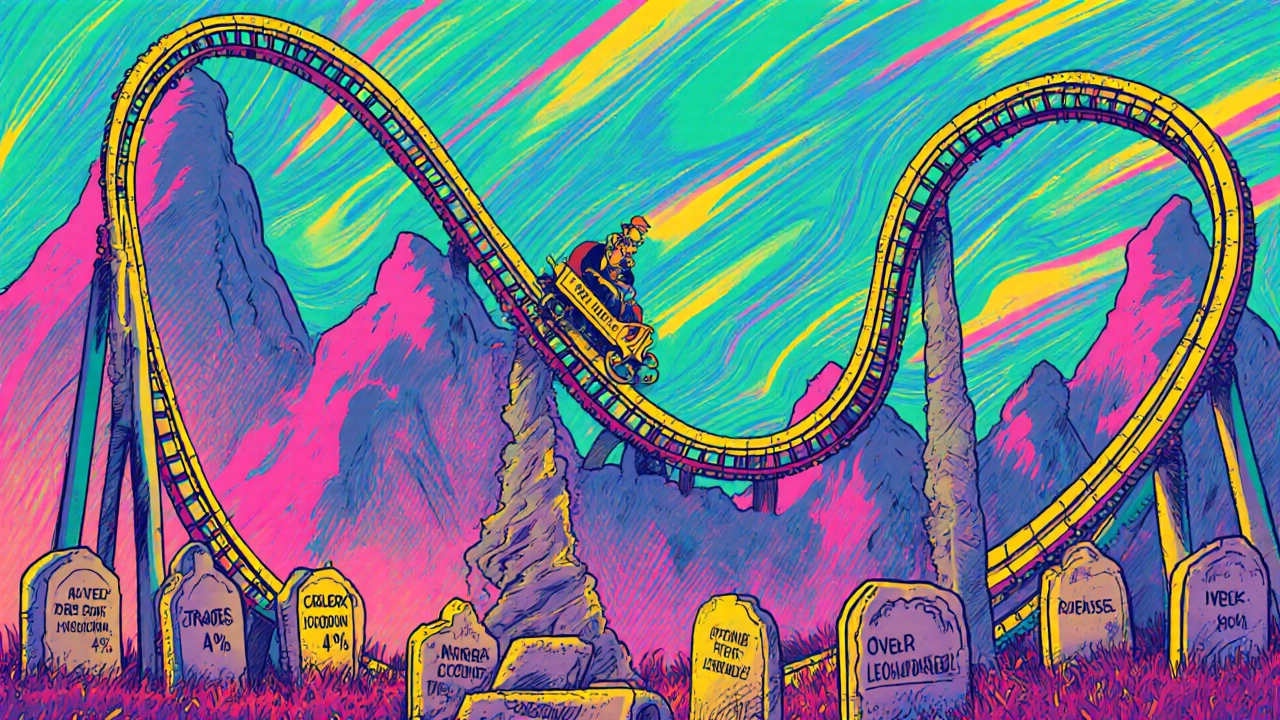 A trading rollercoaster with a tiny figure avoiding a catastrophic max drawdown drop.