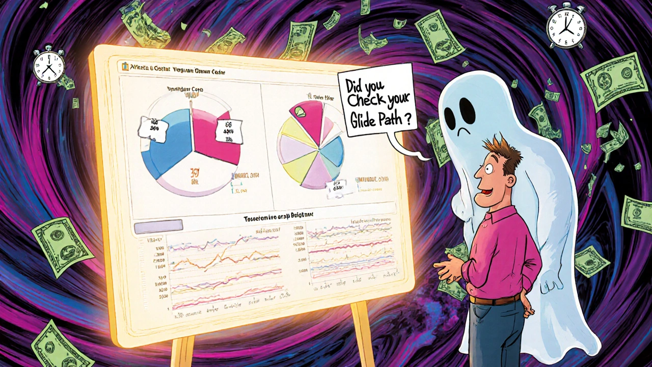 An investor confused by three different target-date fund allocations, with floating pie charts and a ghostly advisor whispering advice.