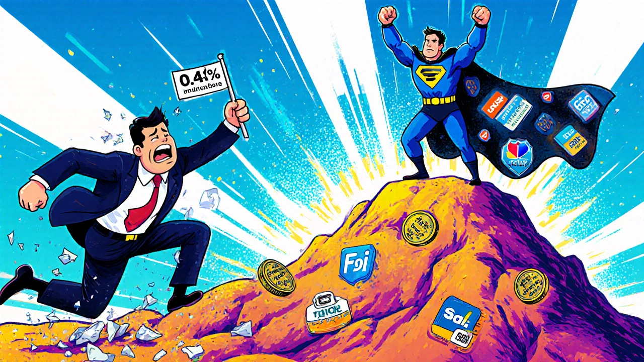 CMA Hero defeating Traditional Savings in a colorful battle atop a mountain of interest coins.