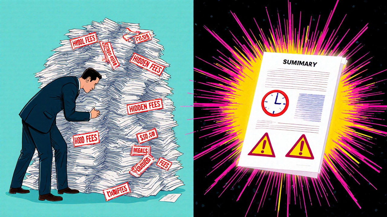 Contrast between chaotic legal documents and a simple, clear fee summary with icons.