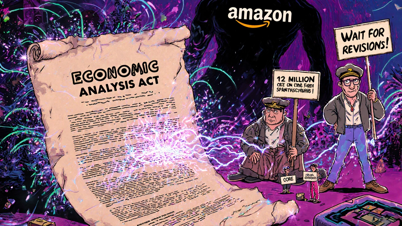 Crumbling 1987 law replaced by digital transaction stream, economists holding signs, Amazon shadow swallowing shops in psychedelic cartoon style.