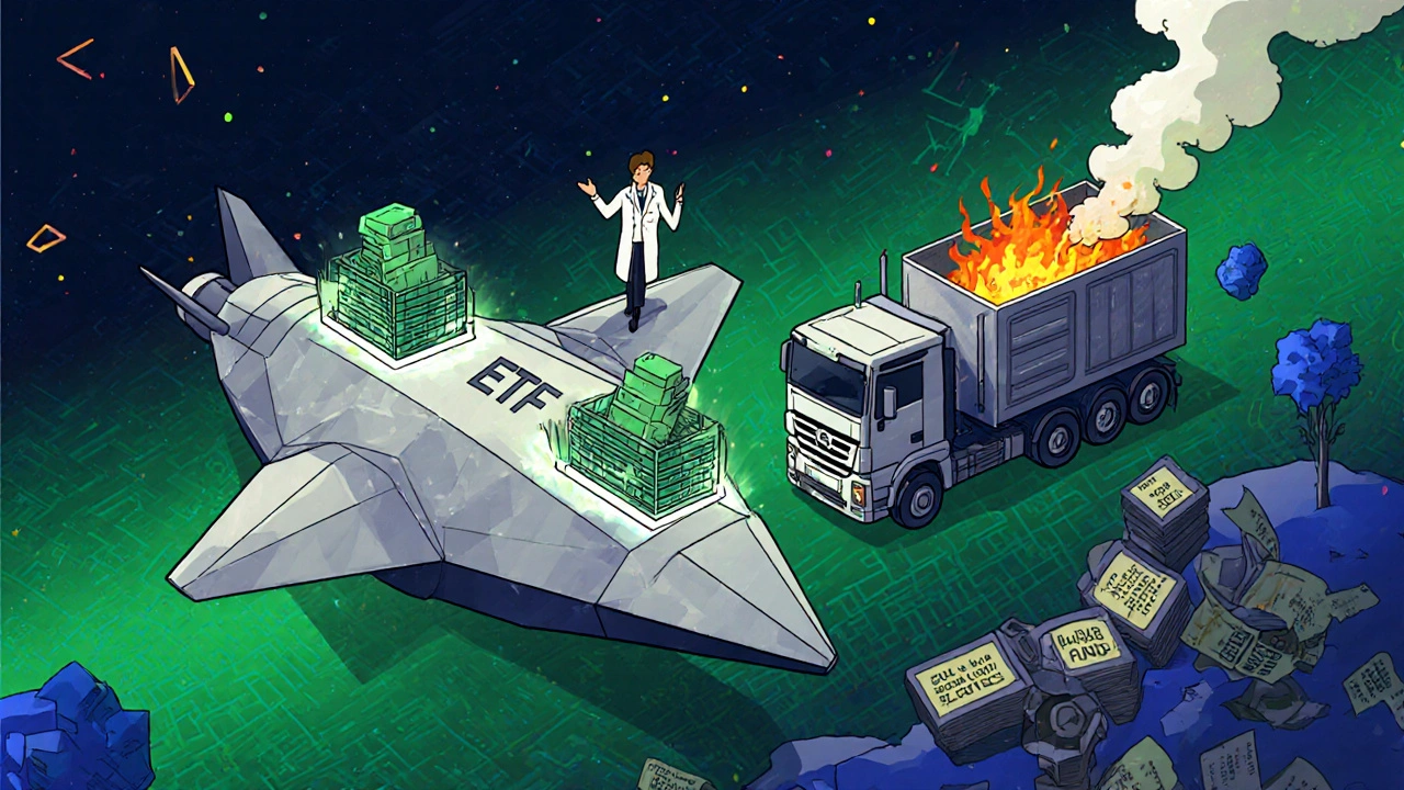 ETF spaceship exchanging stock baskets while mutual fund truck dumps tax bills