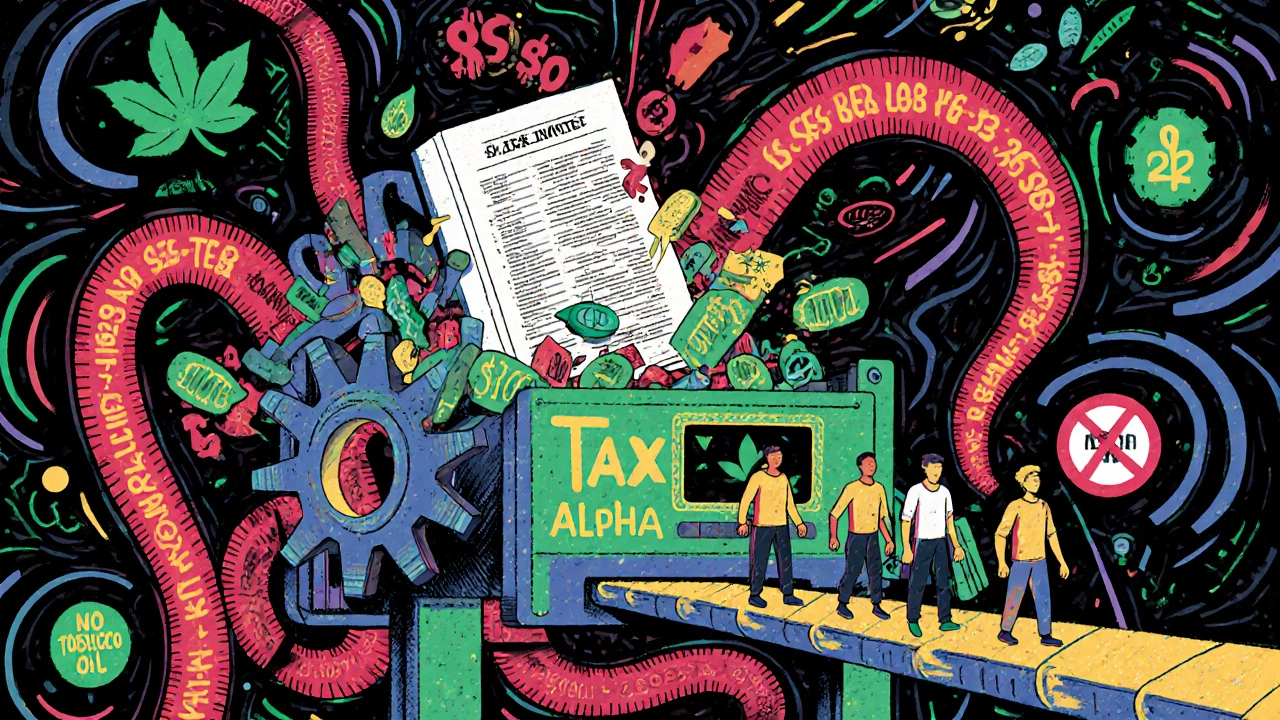 Futuristic machine shredding IRS rules with AI, investors climbing ladder labeled &#039;Tax Alpha&#039;, ESG icons swirling in background.