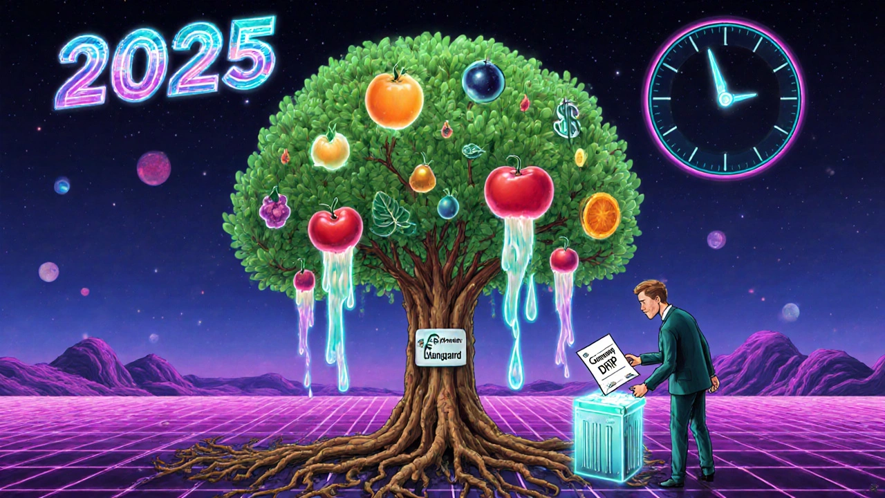 Futuristic portfolio tree with diverse dividend fruits feeding from a brokerage root, while a company DRIP certificate is shredded.