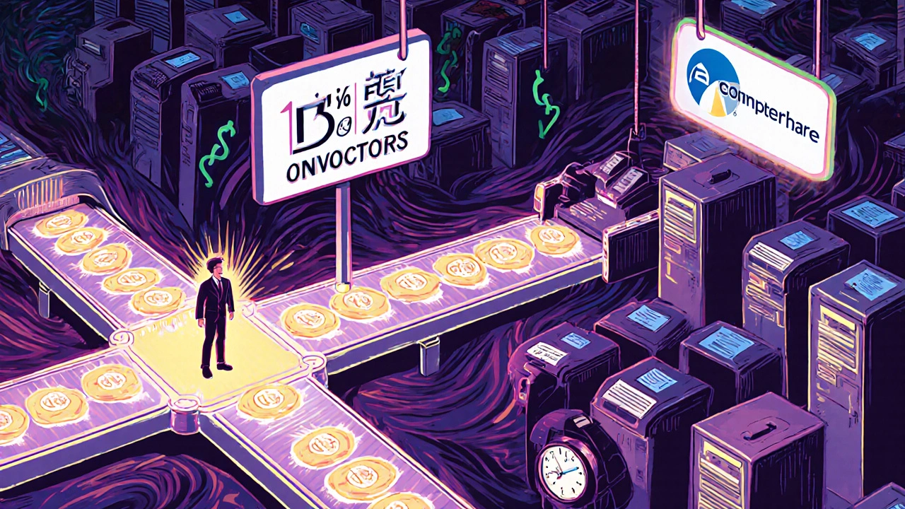 Investor at crossroads: one path glows with instant diversification, the other winds through a maze of paperwork and slow clocks.