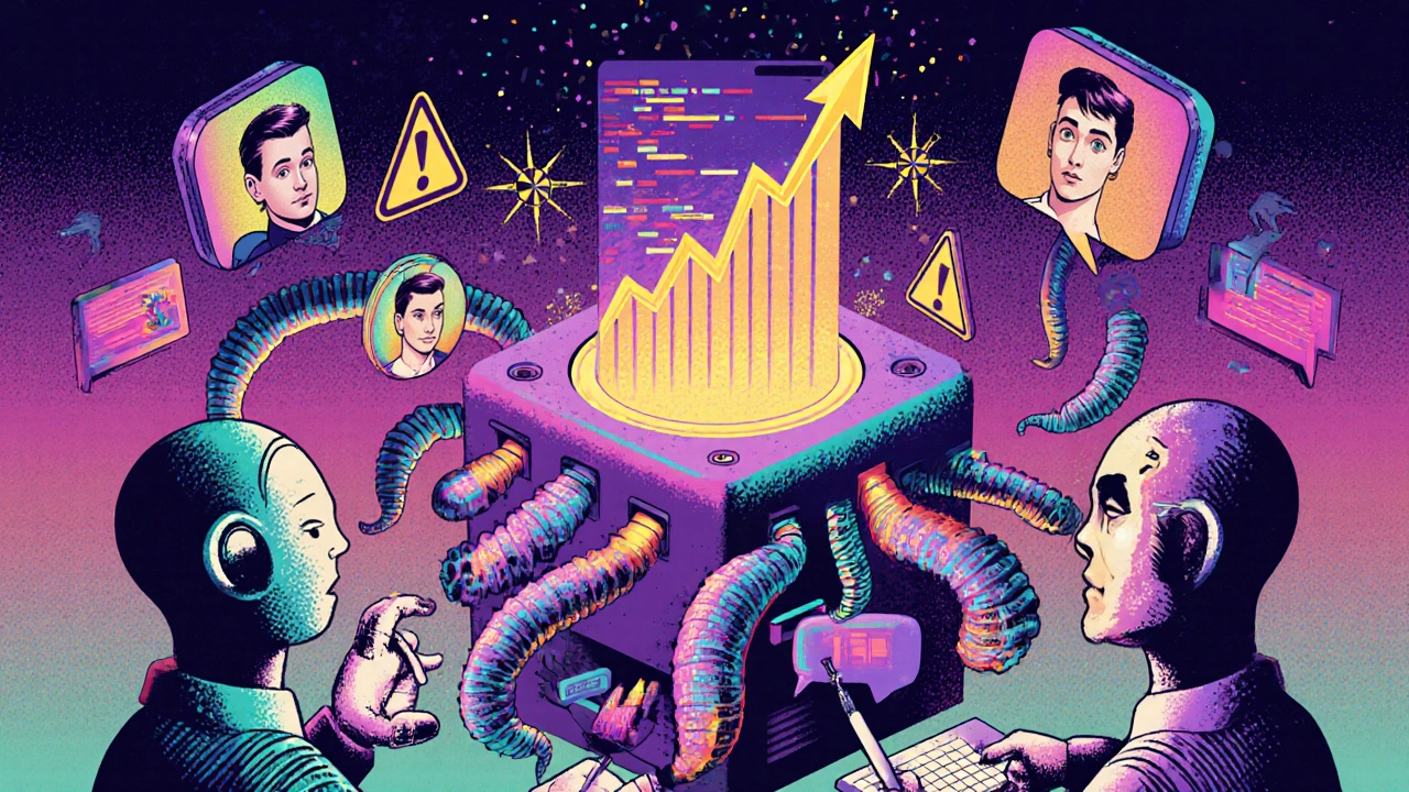 Multimodal AI system listening to voices and reading private chats, with a compass pointing to stock trends under SEC warnings.