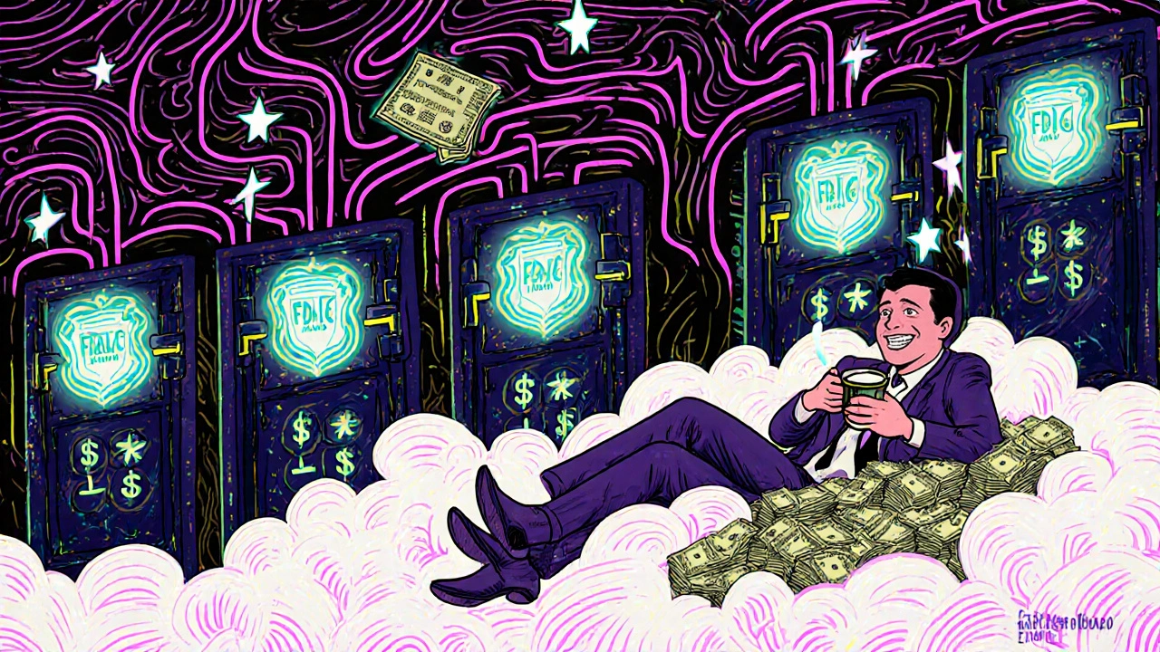 Multitasking financial operator connecting a large cash deposit to ten shield-marked bank vaults.