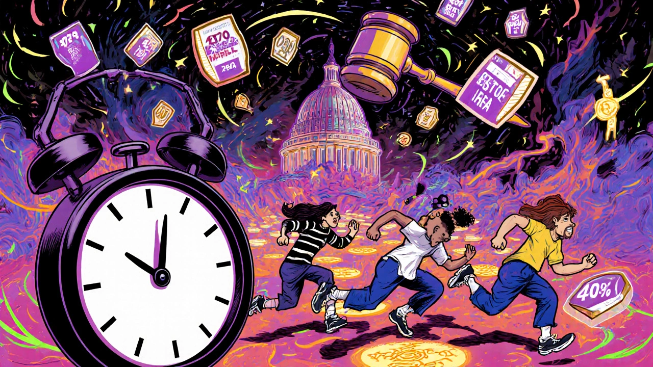 People race to complete Roth conversions before a 2026 ban, with a looming congressional gavel and glowing retirement paths.