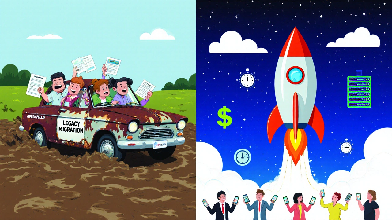 Rusted car stuck in mud vs. rocket launching into cloud servers and AI agents, symbolizing legacy vs. modernization.