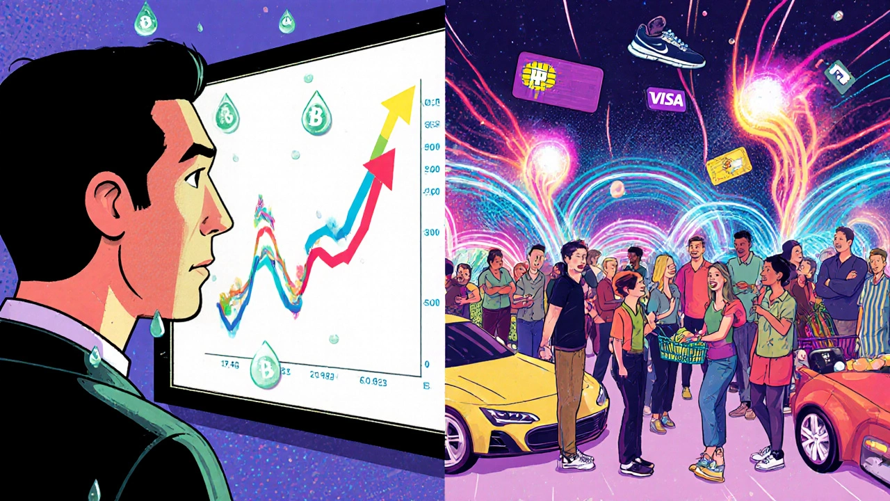 Split scene: anxious investor watching sales graph, cheerful shoppers buying goods, digital transaction auroras behind them in vibrant 70s illustration style.