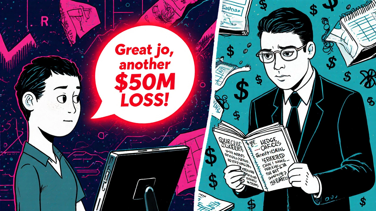 Split scene of sarcastic AI misreading text vs. analyst using custom financial terms, set in a surreal comic-style environment.