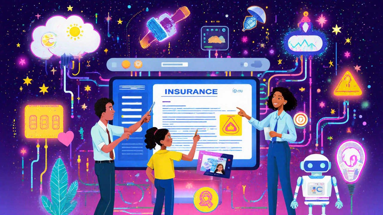 Team building a policy with drag-and-drop tools as APIs and AI bots connect to weather, telematics, and claim data.