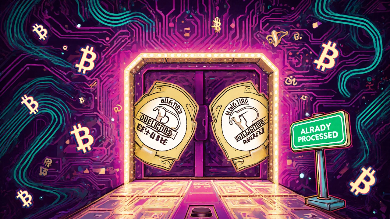 Two identical payment keys entering a database—one blocked, one approved—with glowing UUID symbols floating around.