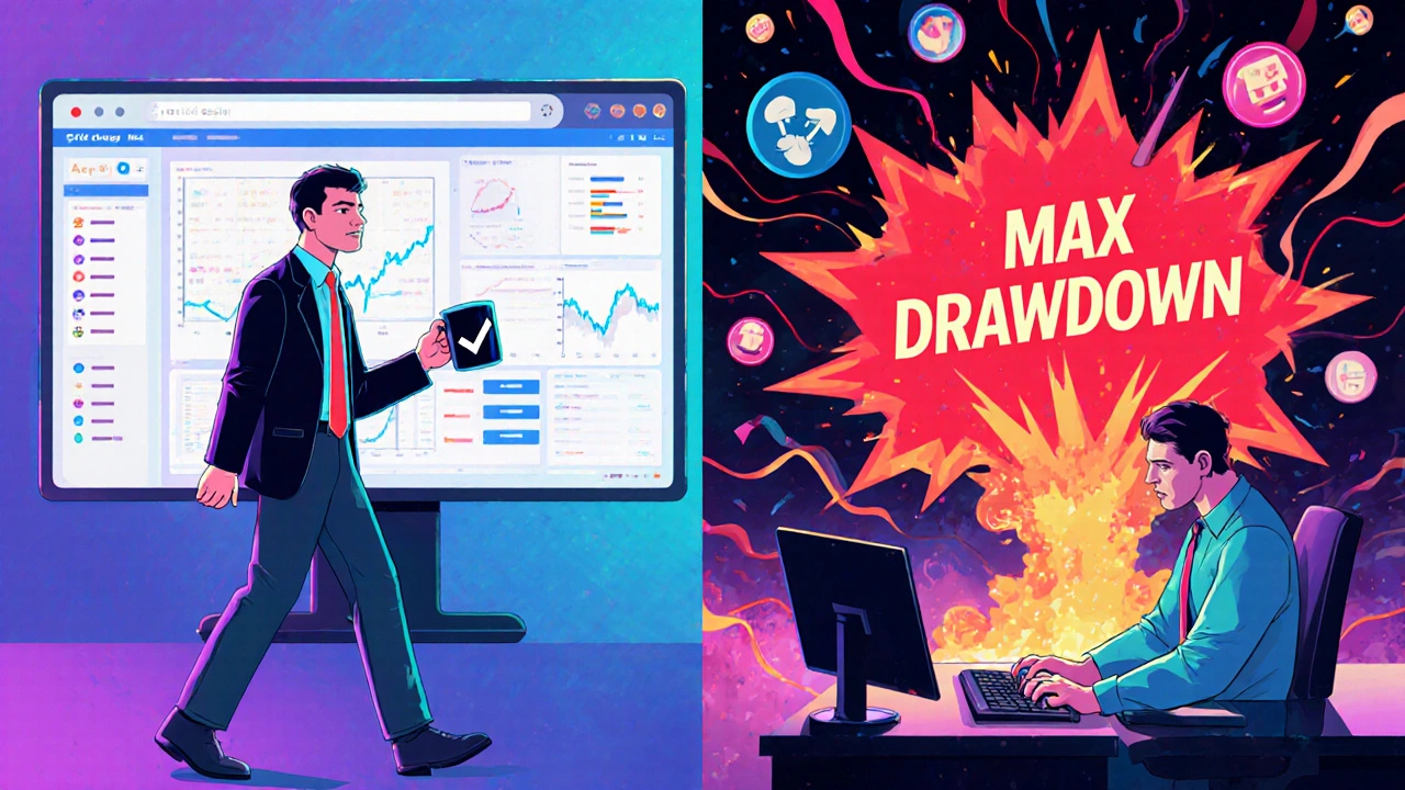 Two traders side by side—one walking away calmly, the other engulfed in a red drawdown explosion.