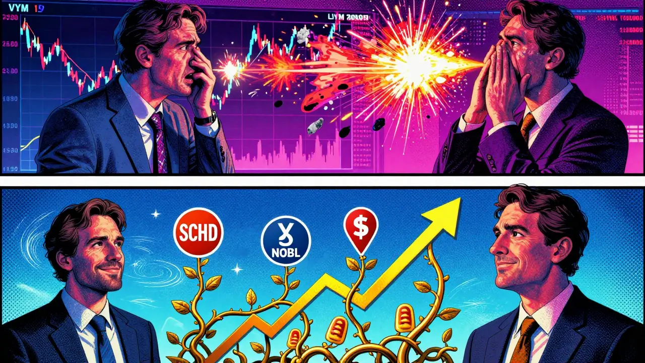 A crashing high-yield stock chart above a rising dividend vine growing through interest rate arrows, all in psychedelic colors.