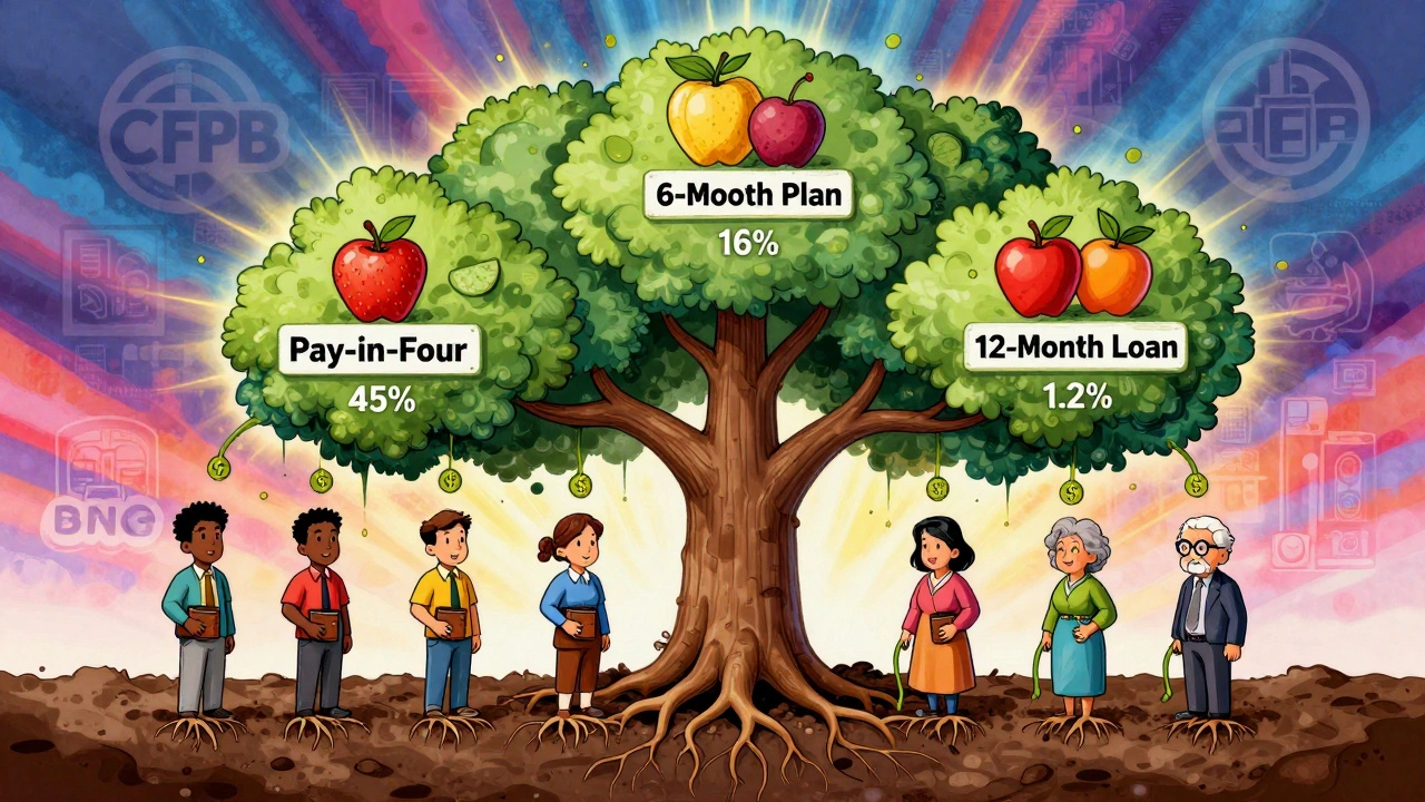 A debt tree with charge-off percentages as fruit, growing from consumer wallets, with regulatory symbols in the background, psychedelic illustration.