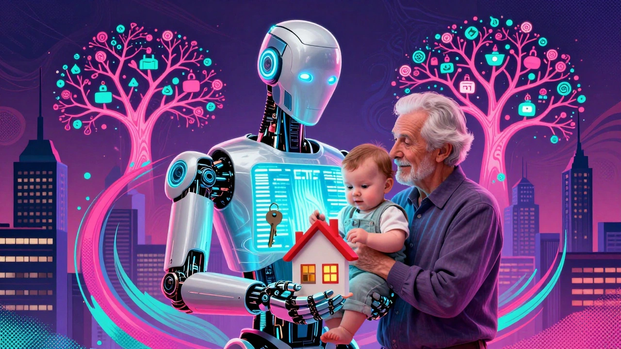 A hybrid robot-human figure holds family and assets, blending finance and life in neon psychedelic art.