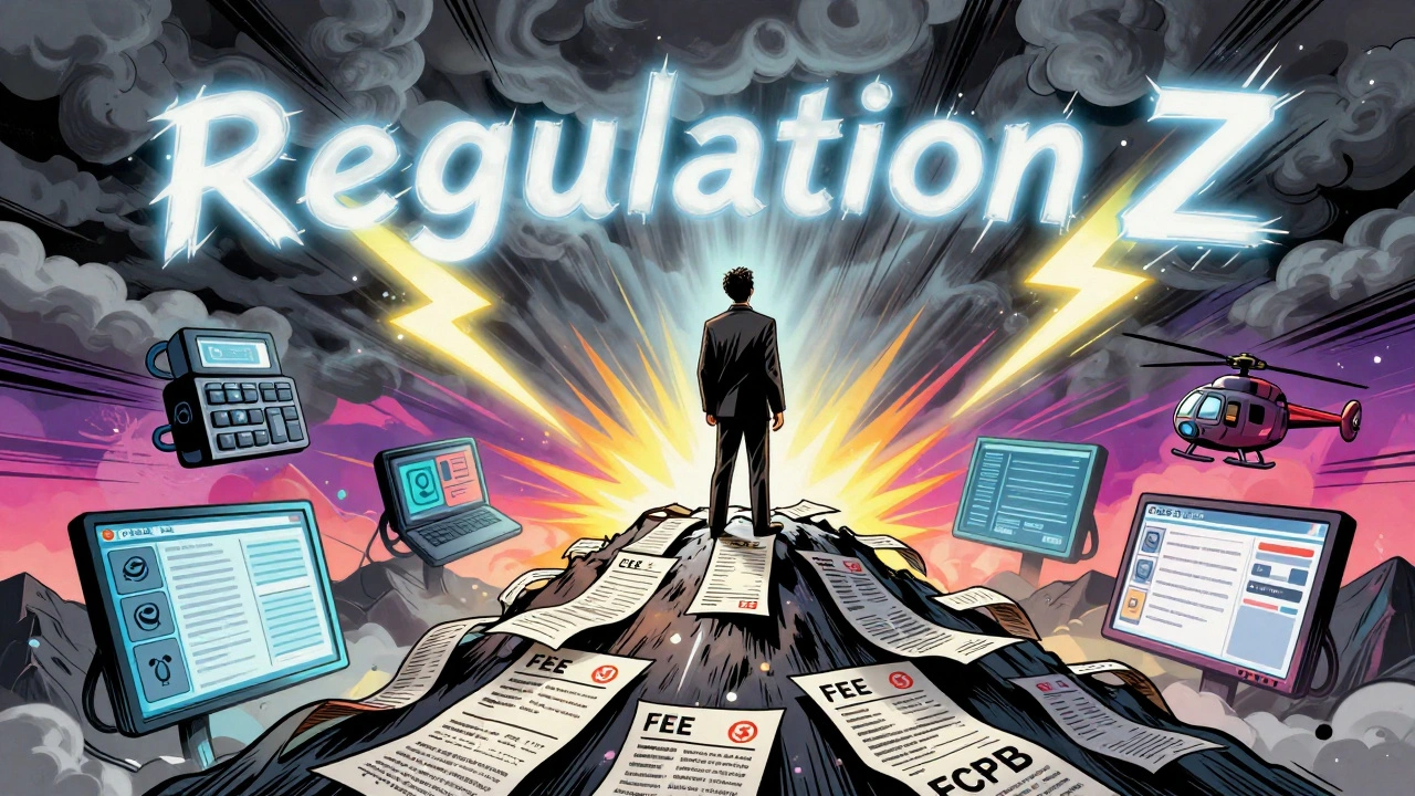 A merchant atop a pile of fees as CFPB storm clouds loom above, with AI rescue tools approaching.