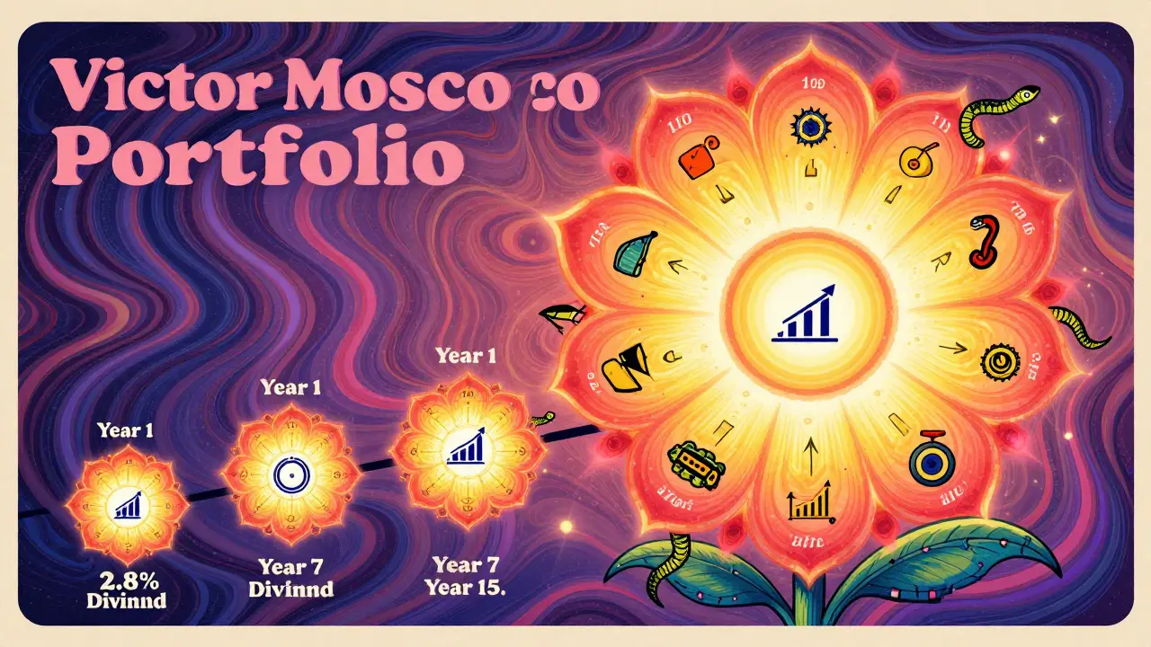A small dividend seed blooming into a giant flower with numbered petals representing compound growth over 15 years.