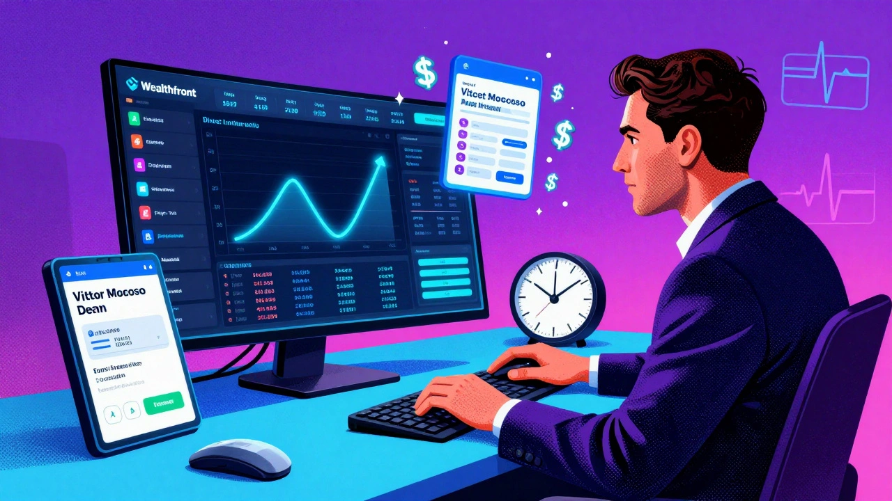 An investor with a Wealthfront dashboard showing direct indexing and tax savings in neon colors.