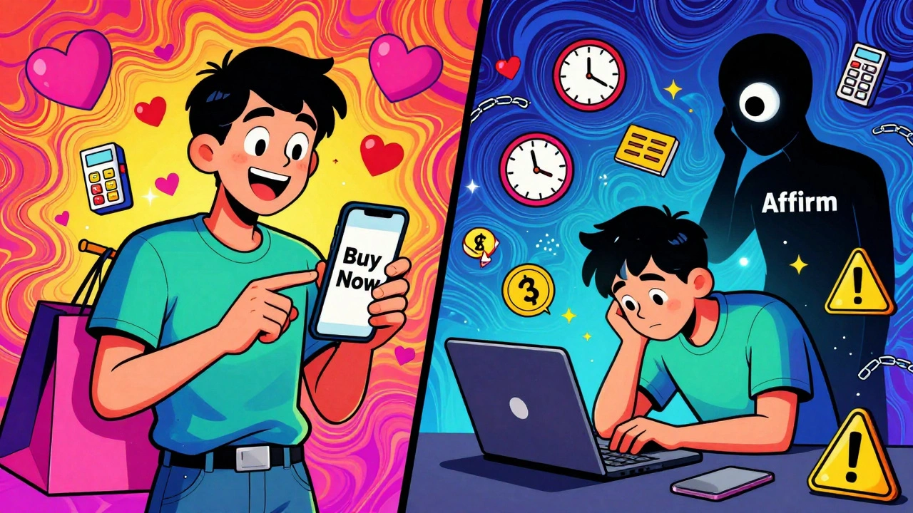 Split scene: happy shopper clicking &#039;Buy Now&#039; on one side, stressed person surrounded by debt icons on the other, in vibrant op-art style.