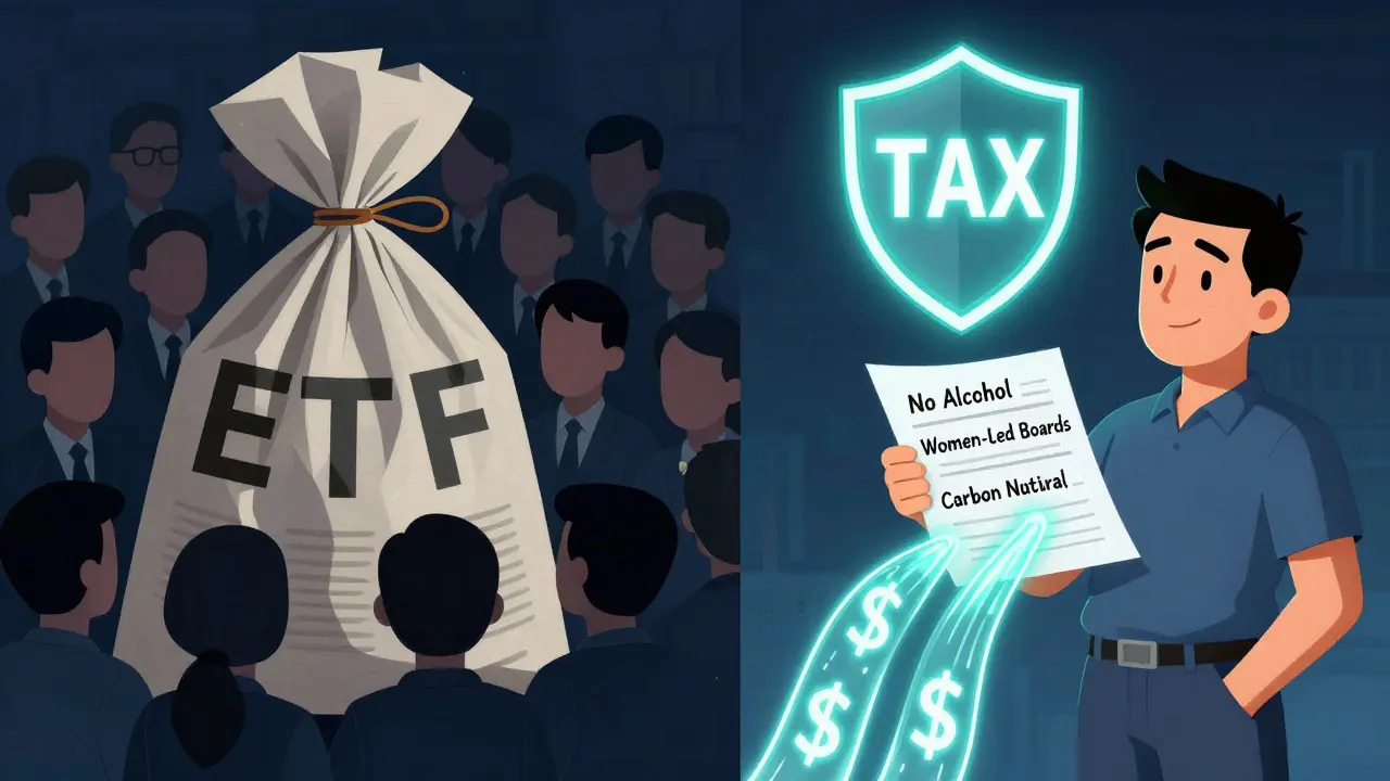 A person holds a personalized stock portfolio labeled with personal values, contrasting with a generic ETF bundle on the other side.