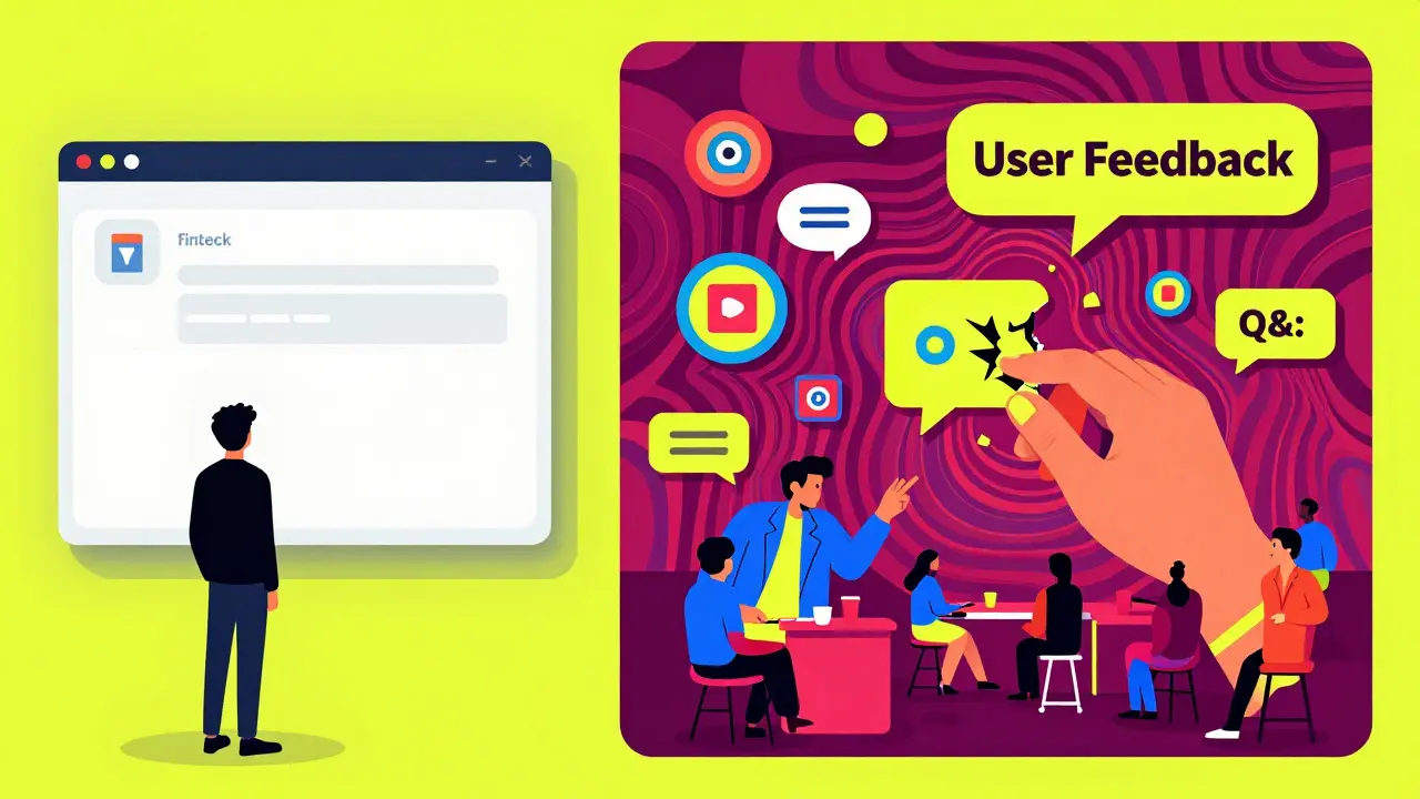 A person transformed from isolated app user to active community member amid floating badges and feedback tools.