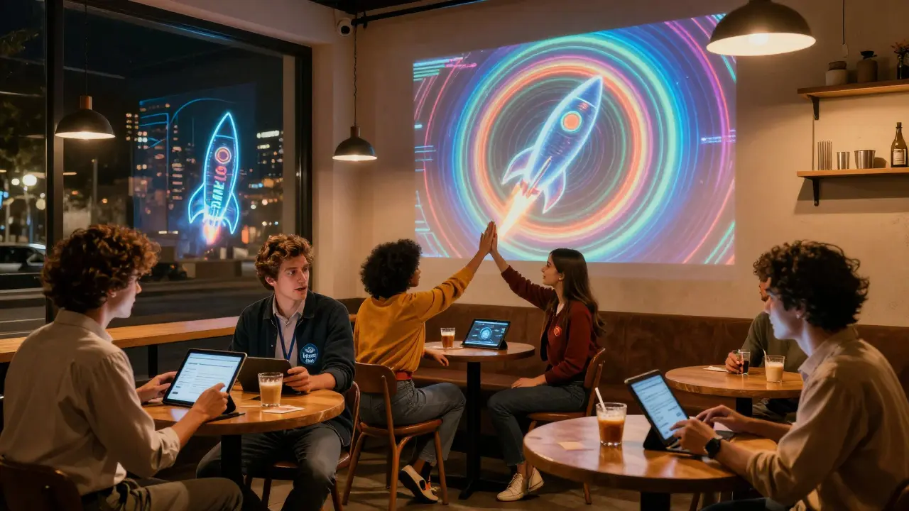 People in a coffee shop joining a live fintech forum, with a 'Super User' hosting and holographic rocket in background.