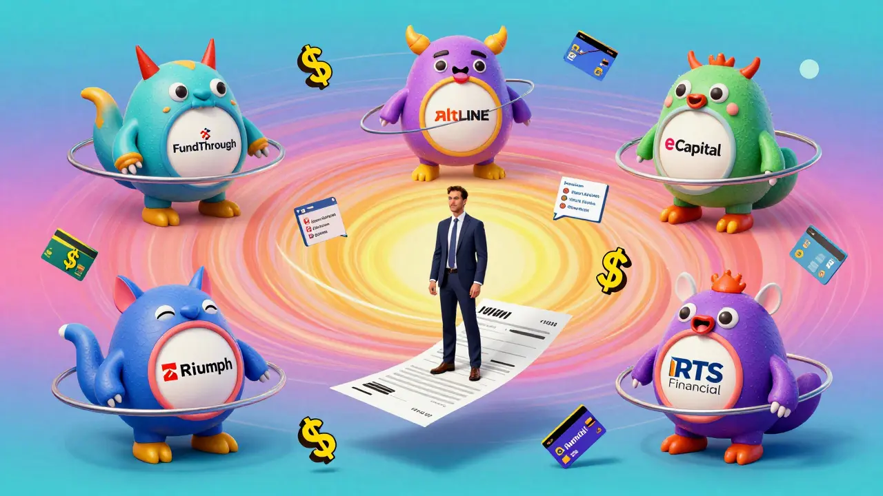 Six stylized factoring company creatures orbit a business owner on a floating invoice, surrounded by flying dollar signs and payment icons in psychedelic swirls.